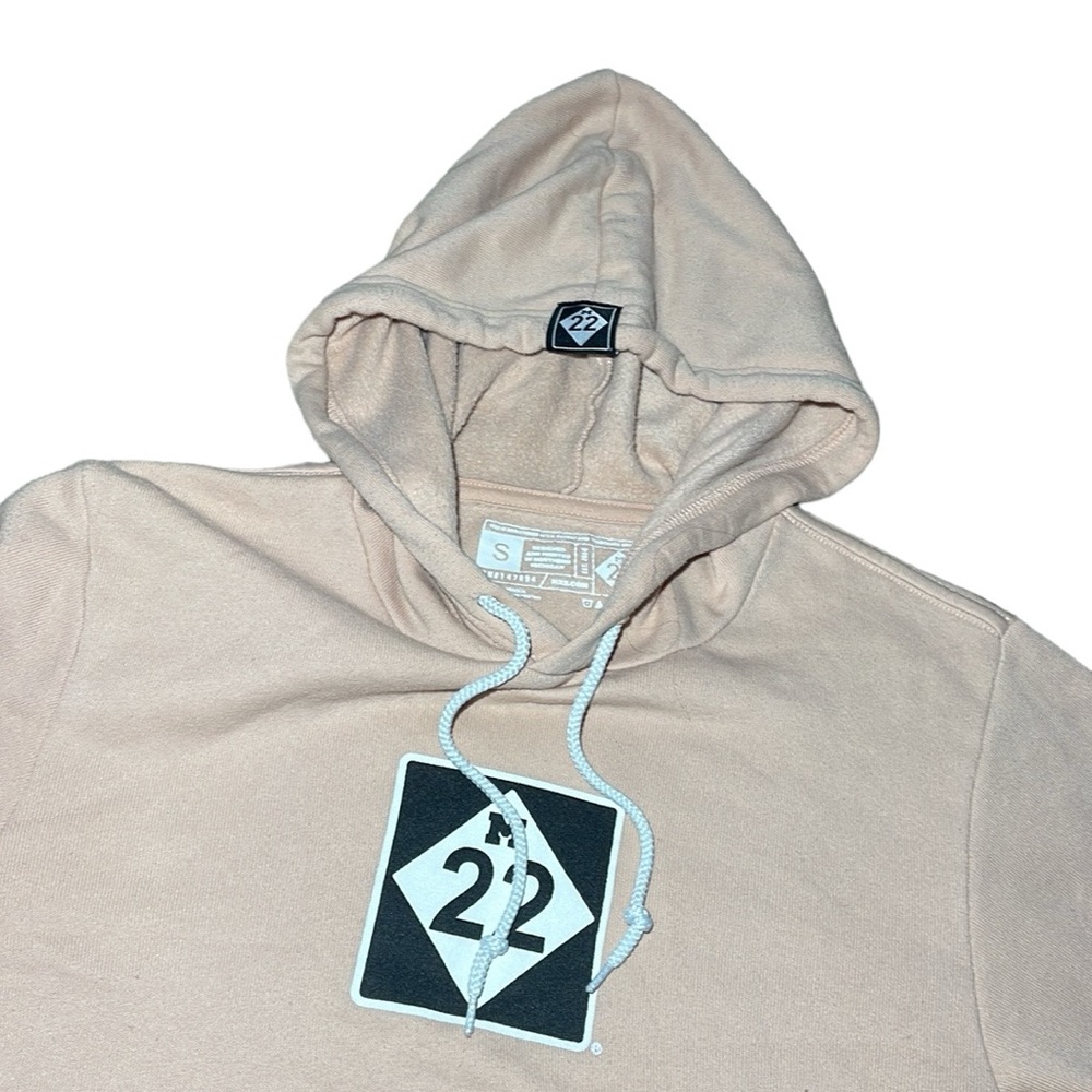 M22 Graphic Hoodie Women Small Peach Beige Excellent Pullover Sweatshirt Logo